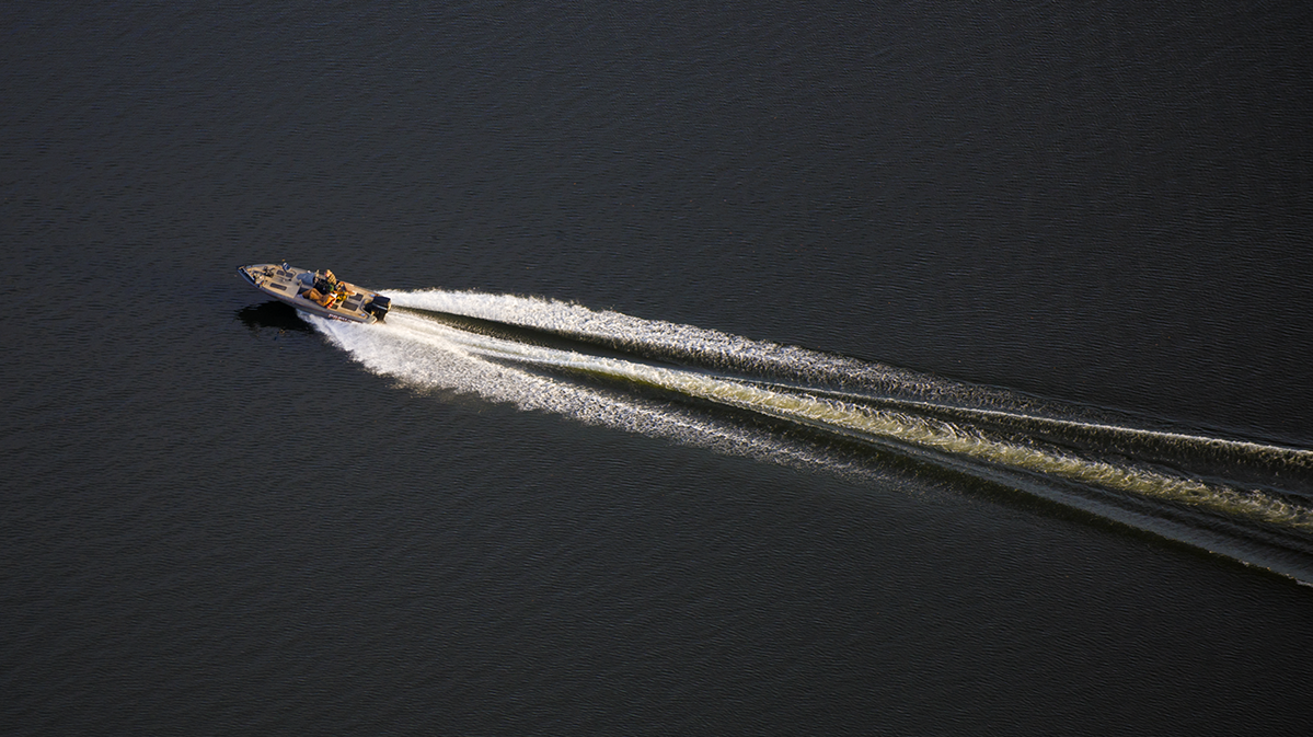 Arial view of a bass boat.